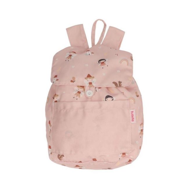 Mochila de guardería de tela rosa con estampado de pequeñas hadas