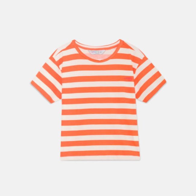 camiseta de manga corta con estampado de rayas naranjas y blancas